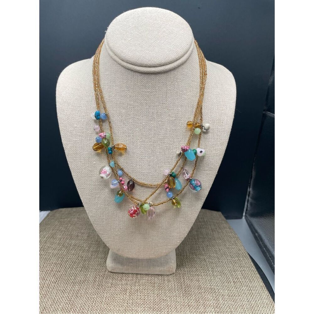 Beaded Jelly Bean Glass Necklace Colored Glass  Multicolored Silver 3 Strands